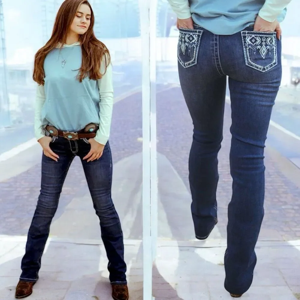 Lucky & Blessed Embroidered Dark Wash Mid Rise Bootcut Jeans NWT - Picture 1 of 12